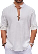 COOFANDY Men's Cotton Linen Henley Shirt Casual Beach Hippie Shirts Long Sleeve T-Shirts - Image 2