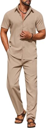 COOFANDY Men's Linen Sets 2 Piece Beach Outfit Casual Short Sleeve Button Down Shirts Loose Pants Summer Vacation Outfits - Image 2