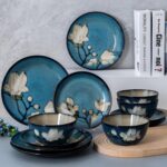 Dinnerware Set Blue Stoneware 12 Pieces Service for 4, Stoneware Plates and Bowls Set Stoneware Set, Dishwasher Microwave Safe Dishes set - Image 2