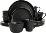 Elama Paul 16 Piece Stoneware Dinnerware Set in Matt Black with Gold Rim, Matte Black, 16 Piece Set (Arthur Paul Louis Set) - Image 2