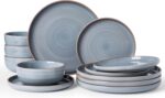 Famiware Meteor Plates and Bowls Sets for 4, 12 Pieces Dinnerware Sets, Microwave and Dishwasher Safe Dishes Set, Blue Gray - Image 2
