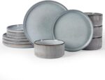 Famiware Star 12-Piece Stoneware Dinnerware Sets for 4, Reactive Glaze Plates and Bowls, Modern Rustic Dishes for Everyday & Formal Use, Chip/Scratch Resistant, Microwave/Dishwasher Safe, Smoky Blue - Image 2