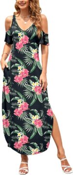 HUSKARY Women's Summer Maxi Dresses 2026 Trendy V Neck Cold Shoulder Short Sleeve Casual Loose Long Split Dress with Pockets - Image 2