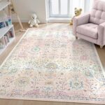 Lahome Flavie Pink Boho Area Rug for Nursery, 5x7 Washable Pink Rugs for Bedroom Girls Kids Room Living Room, Floral Pastel Carpet Non Slip for Teen Toddler Classroom Playroom Dorm, Bedroom Decor - Image 2