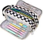 Large Pencil Pouch Pen Case Pencils Holder Bag for Office Writing Stationery Supplies Bags Big Capacity Pens Organizer Travel Cosmetics Storage Black White Checked Plaid Accessories Not Included - Image 2