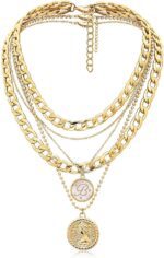MJartoria Layered Necklaces for Women Trendy Retro Mother of Pearl Coin Letter Pendant Necklace Dainty Chunky Chain Choker Necklaces for Jewelry Birthday Gifts - Image 2
