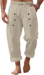 Mens Cotton Linen Pants Casual Summer Vacation Baggy Beach Pants Buttoned Drawstring Yoga Trousers with Pockets - Image 2