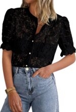 PRETTYGARDEN Womens 2026 Spring Lace Tops Short Puff Sleeve Casual Dressy Blouses Eyelet Crew Neck Button Down Shirts - Image 2