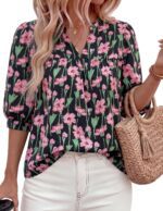 PRETTYGARDEN Women's 2026 Summer Floral Blouses Dressy Casual Half Sleeve V Neck Going Out Boho Tops Spring Fashion Clothing - Image 2