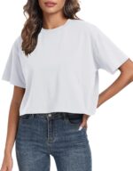 PRIMODA Women's Oversized Workout Cropped T Shirts Crew Neck Short Sleeve Casual Loose Summer Crop Tee Tops Cotton - Image 2