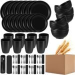 Pinkunn 64 Pcs Wheat Straw Dinnerware Sets with Stainless Steel Flatware Unbreakable Plates and Bowls Sets for 8 Colorful Tableware Set Kitchen Microwave Dishwasher Safe Bowl Plates Cups(Black) - Image 2