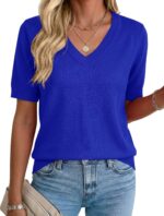 Rapbin Womens Short Sleeve Sweater Summer V Neck Tops Casual Knit Shirts Lightweight Pullover Top - Image 2