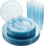 Rubtlamp 180Pcs Blue Glitter Dinnerware Set(30 Guests), Blue Plastic Plate With Gitter Disposable Silverware, Gitter Plate Set Include 30Dinner Platos, 30Dessert Platos, 90Cutlerys, 30Cups for Party - Image 2