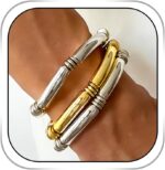 Silver Bracelet for Women 3pcs Set Gold Chunky Bracelets for Men Layered Curved Bamboo Tube Bracelet Stretch Bangle - Image 2