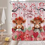 Valentine's Highland Cow Shower Curtain Red Pink Heart Flower Cute Animal Bull Funny Creative 70" WX70 H Bathroom Fabric Curtain with Hooks - Image 2