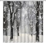 Winter Forest Shower Curtain Gray Black Nature Tree Forest Snowflake Rustic Scenery Landscape 70" WX70 H Bathroom Decor Fabric Curtain with Hooks - Image 2