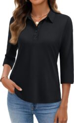 YUCOLEN Polo Shirts for Women 3/4 Sleeve Tops Golf Tees 5-Button Collared Cotton Shirt Business Casual - Image 2