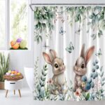 GCTNBJL Spring Easter Shower Curtain Bunny Green Eucalyptus Leaves Floral Butterfly Cute Rabbit Nature Rustic Holiday 70x70(WxH) Inches Bathroom Decor Fabric Curtain with Hooks - Image 3
