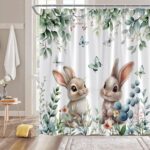 GCTNBJL Spring Easter Shower Curtain Bunny Green Eucalyptus Leaves Floral Butterfly Cute Rabbit Nature Rustic Holiday 70x70(WxH) Inches Bathroom Decor Fabric Curtain with Hooks - Image 4