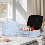 M Y U R E N Travel Makeup Bag,Waterproof Cosmetic Organizer, Adjustable Dividers,Portability Cosmetic Train Case,Makeup organizer,Gift for Women,Girls Gift (Blue+Pink) - Image 3