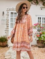 Bluetime Women Casual Summer Dress Boho V Neck 3/4 Sleeve Babydoll Floral Print Flowy Beach Dress - Image 3