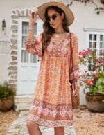 Bluetime Women Casual Summer Dress Boho V Neck 3/4 Sleeve Babydoll Floral Print Flowy Beach Dress - Image 4