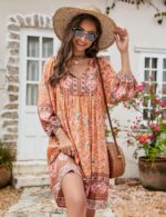 Bluetime Women Casual Summer Dress Boho V Neck 3/4 Sleeve Babydoll Floral Print Flowy Beach Dress - Image 5