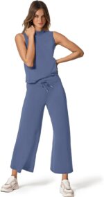 SAMPEEL Two Piece Sets for Women Summer Outfits Lounge Sets Mock Neck Tops Wide Leg Crop Pants Vacation Travel Outfits - Image 3