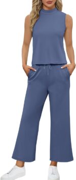 SAMPEEL Two Piece Sets for Women Summer Outfits Lounge Sets Mock Neck Tops Wide Leg Crop Pants Vacation Travel Outfits - Image 4