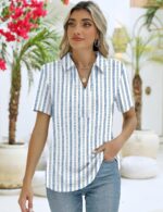 ZHENWEI Women's Short Sleeve V-Neck Polo Shirts Business Casual Work Collared Tops Dressy Johnny Collar Cute Blouses - Image 4