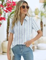 ZHENWEI Women's Short Sleeve V-Neck Polo Shirts Business Casual Work Collared Tops Dressy Johnny Collar Cute Blouses - Image 6
