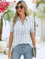 ZHENWEI Women's Short Sleeve V-Neck Polo Shirts Business Casual Work Collared Tops Dressy Johnny Collar Cute Blouses - Image 8