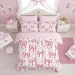 QOOMO Pink Bow 7 Pieces Comforter Set Queen Size,Love Bowknot Bedding Set for Kids Teens Girls-Include 1 Comforter,1 Fitted Sheet,1 Flat Sheet,2 Printing Pillowcases and 2 Light Pink Pillowcases - Image 3