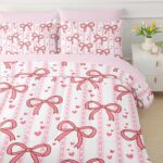 QOOMO Pink Bow 7 Pieces Comforter Set Queen Size,Love Bowknot Bedding Set for Kids Teens Girls-Include 1 Comforter,1 Fitted Sheet,1 Flat Sheet,2 Printing Pillowcases and 2 Light Pink Pillowcases - Image 4