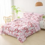 QOOMO Pink Bow 7 Pieces Comforter Set Queen Size,Love Bowknot Bedding Set for Kids Teens Girls-Include 1 Comforter,1 Fitted Sheet,1 Flat Sheet,2 Printing Pillowcases and 2 Light Pink Pillowcases - Image 5