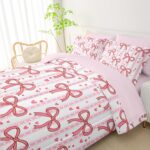 QOOMO Pink Bow 7 Pieces Comforter Set Queen Size,Love Bowknot Bedding Set for Kids Teens Girls-Include 1 Comforter,1 Fitted Sheet,1 Flat Sheet,2 Printing Pillowcases and 2 Light Pink Pillowcases - Image 6