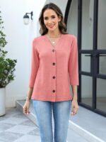 TICTICMISS Womens Button Down Shirts 3/4 Sleeve Tops Casual V Neck T Shirts Loose Fit Trendy Summer Tees Tunic 2026 - Image 5