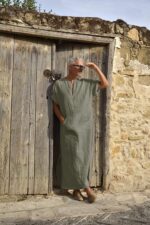 COOFANDY Men's V-Neck Linen Robe Short Sleeve Kaftan Thobe Long Gown Casual Shirt for Beach, Summer - Image 3
