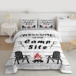 Happy Camping Bedding Set Queen For Kids, Camper Decor Comforter Set Lake House Bedding Comforter Sets Rustic Farmhouse Wooden Planks Duvet Insert For Boys Teens Adult Women Bedroom, Grey White - Image 3