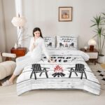 Happy Camping Bedding Set Queen For Kids, Camper Decor Comforter Set Lake House Bedding Comforter Sets Rustic Farmhouse Wooden Planks Duvet Insert For Boys Teens Adult Women Bedroom, Grey White - Image 4
