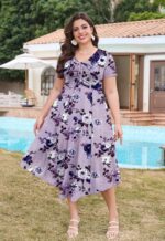 Keluummi Plus Size Maxi Dress for Women V-Neck Short Sleeve with Pockets - Image 3