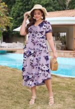 Keluummi Plus Size Maxi Dress for Women V-Neck Short Sleeve with Pockets - Image 8