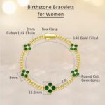Birthstone Bracelet for women 14K Gold Filled, Four-Leaf Clover round cut gemstones & 7 inches Cuban Chain Link, Valentines Day gifts for her - Image 4