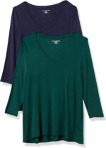 Amazon Essentials Women's 3/4 Sleeve V-Neck Regular Fit Swing T-Shirt (Available in Plus Size), Pack of 2 - Image 2