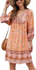 Bluetime Women Casual Summer Dress Boho V Neck 3/4 Sleeve Babydoll Floral Print Flowy Beach Dress - Image 2