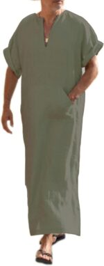 COOFANDY Men's V-Neck Linen Robe Short Sleeve Kaftan Thobe Long Gown Casual Shirt for Beach, Summer - Image 2