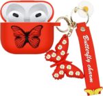 Compatible with Airpods 3rd Gen 2021 Case Cover, Cute 3D Butterfly Fashion Cartoon Liquid Silicone Kids Teens Cases with Fun Cool Keychain for Apple Airpods 3rd Generation Charging Case (Red) - Image 2