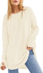 Fisoew Women's Casual Long Sleeve Tops Crew Neck Round Hem Loose T-Shirts Tunic Tops with Thumb Holes - Image 2