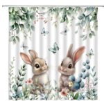 GCTNBJL Spring Easter Shower Curtain Bunny Green Eucalyptus Leaves Floral Butterfly Cute Rabbit Nature Rustic Holiday 70x70(WxH) Inches Bathroom Decor Fabric Curtain with Hooks - Image 2