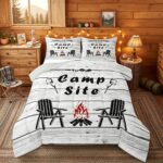 Happy Camping Bedding Set Queen For Kids, Camper Decor Comforter Set Lake House Bedding Comforter Sets Rustic Farmhouse Wooden Planks Duvet Insert For Boys Teens Adult Women Bedroom, Grey White - Image 2